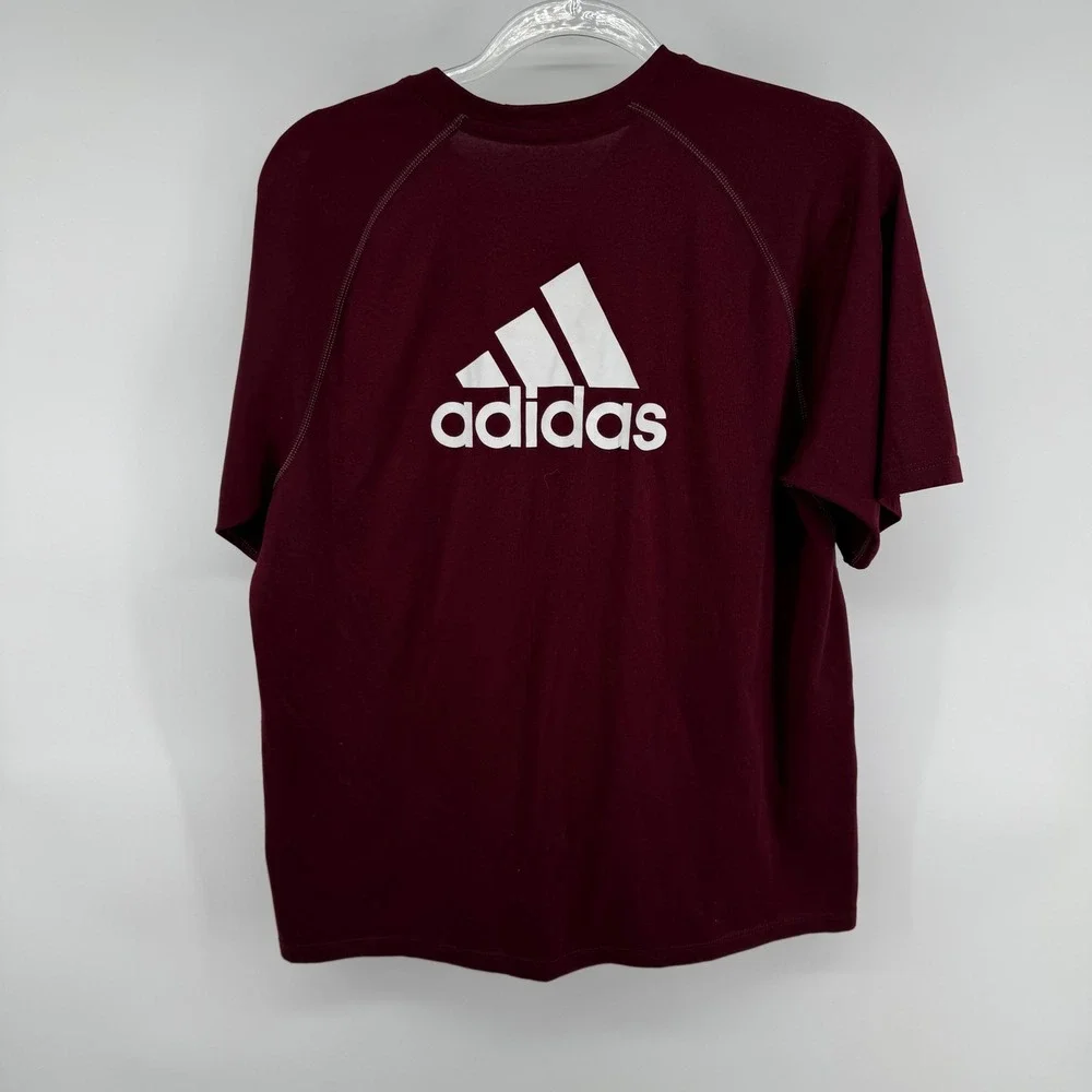 Adidas Climalite Mens Small Maroon Burgundy Performance T-Shirt Big Logo Back‎